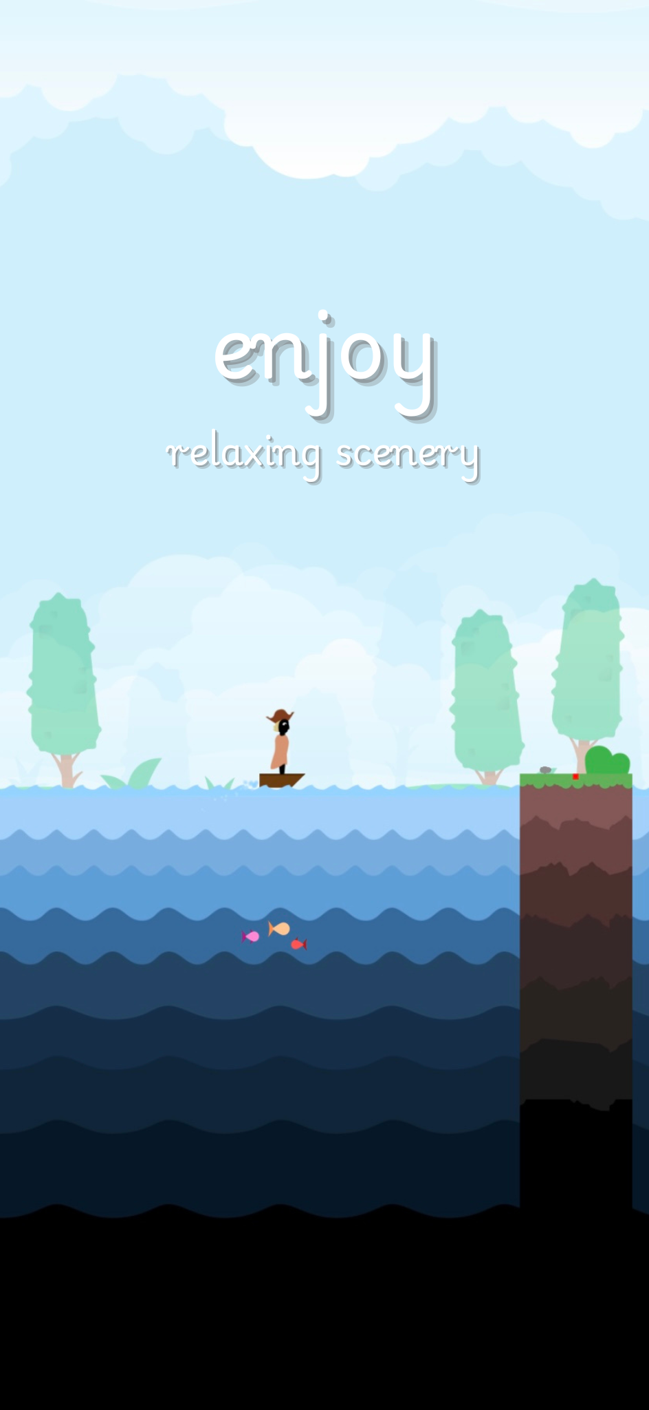 A pirate on a boat floating over an ocean of colorful fish with the text enjoy relaxing scenery.